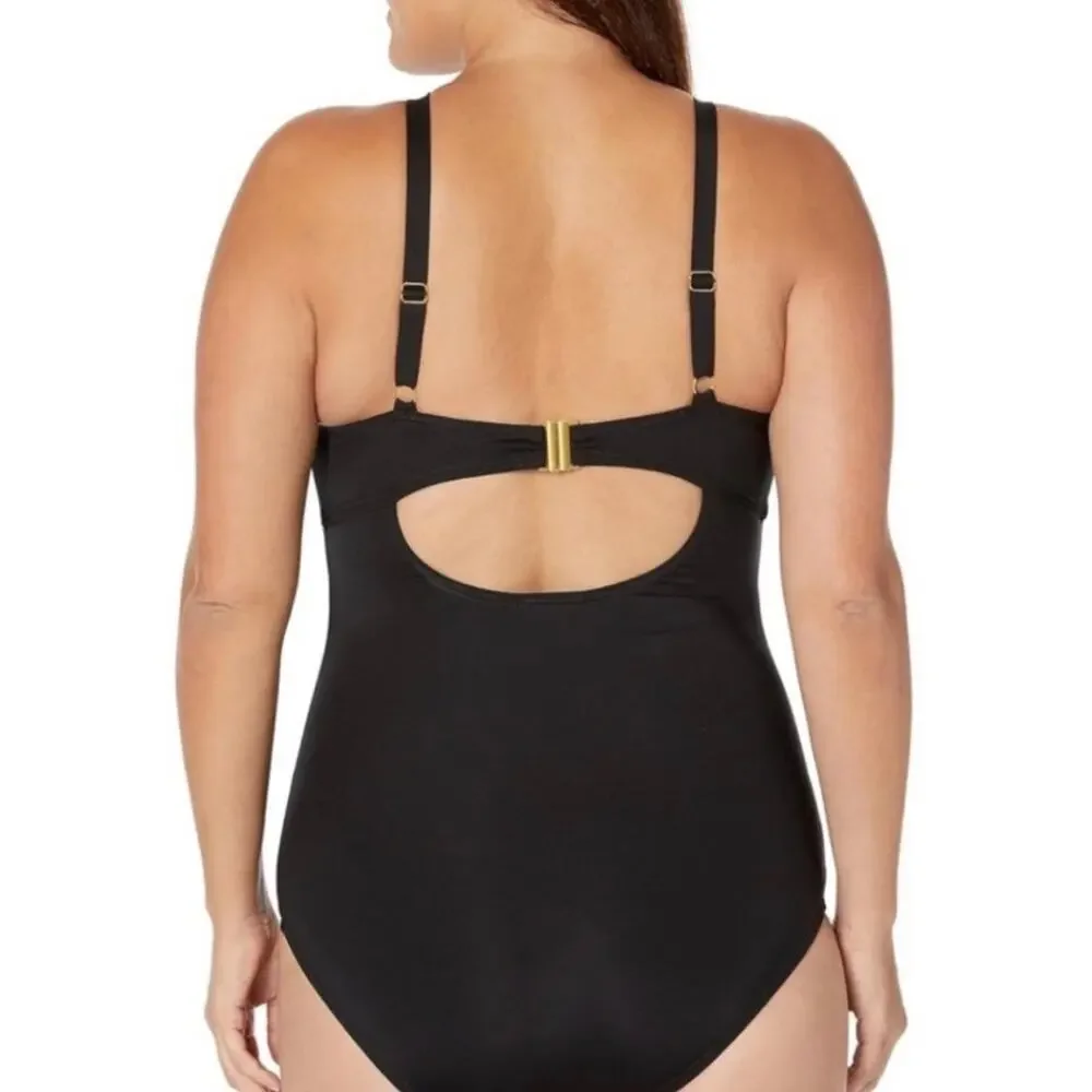 City Chic Cancun Underwire one-piece swimsuit black plunging neckline,size large